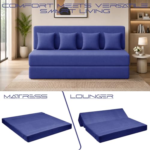 Image of Los Angeles Foldable Four Seater Sofa Cum Bed, Sofa Bed 6 X 6 Ft, Jute Fabric Washable Cover- Including Four Cushion Perfect for Living Room - Blue Color
