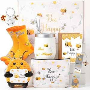 Bee Themed Gifts Set for Women – Funny Honeybee Gift Box Include 12 oz Bee Stainless Steel Tumbler with Straw & Brush Bee Cosmetic Bag Keychain Bookmark for Bee Lover Christmas Birthday Gifts