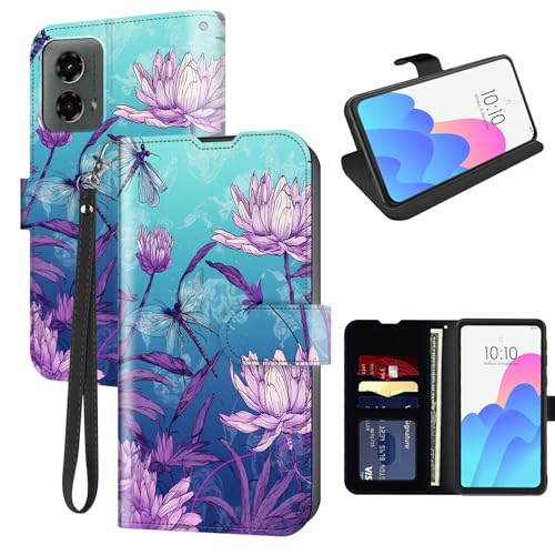 FUYOCWE for Motorola Edge 5G 2024 Case Wallet for Moto Edge 5G 2024 Phone Case with Card Holder Slot,PU Leather Flip Cover w/Kickstand+RFID Blocking+Magnetic Snap-Flower Dragonflies Drawing