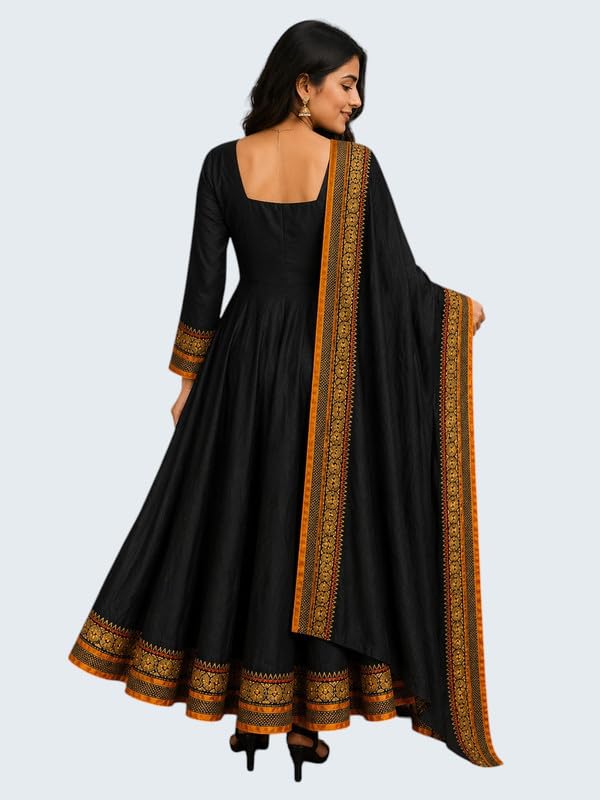 Image of Women's Vichitra Silk Anarkali Gown with Dupatta | Designer Flared Ethnic Long Gown for Women | Festive Wedding Traditional Dress