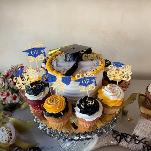 Gyufise 24Pcs Class of 2025 Cupcake Toppers Glitter Diploma Grad Cap 2025 Graduation Cupcake Picks for 2025 Graduation Theme Party Cake Decoration Supplies Blue Gold - Thumbnail 5