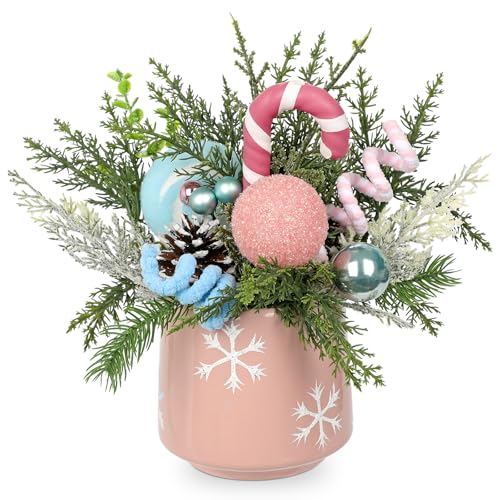 Christmas Centerpieces for Tables, Small Christmas Table Arrangements with Ceramic Vase Pink & Blue Winter Holiday Table Centerpiece with Pine Branches Candy Cane Decor for Tabletop Dinner Tables