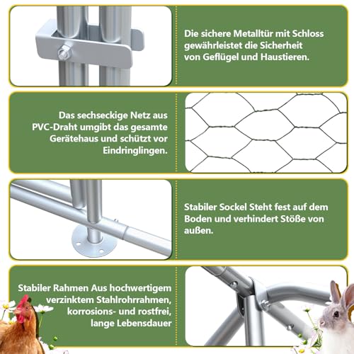 Sonnewelt Freilaufgehege 3x8x2m Hühnerstall Verzinkter Stahl Kleintierstall Hühnerhaus Dach Geflügelstall mit Sonnenschutzdach und Tür für Haustierkäfig Hühnerkäfig Vogelkäfig Kleintiere Pflanzen