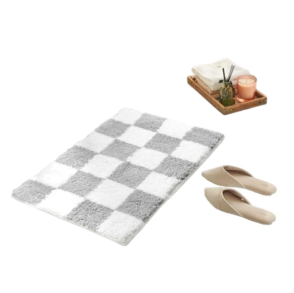 Grtheenumb Non Slip Bath Mat, Grey White Checkered Bath Mat, Non Slip Microfiber Rug - Classic Checkerboard Plush Carpet, Absorbent Shaggy Bathroom Floor For Bathroom, Bedroom & Entryway, 16''x24