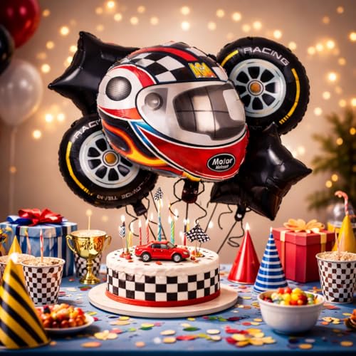 Image of Wanna Party Motor Racing Theme Balloon Set (Pack of 5) with Racing Helmet & Wheel Design Foil Balloons, Car Racing Birthday Decoration Kit for Boys Kids Party Supplies
