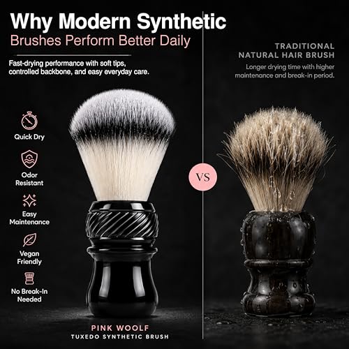 Image of Pink Woolf Shaving Brush for Men | Synthetic Bristles | Creates Rich Lather with a Shaving Cream or Shaving Soap for a Smooth, Irritation-Free Shave | Soft Shaving Brush (Black Handle), 24mm Knot