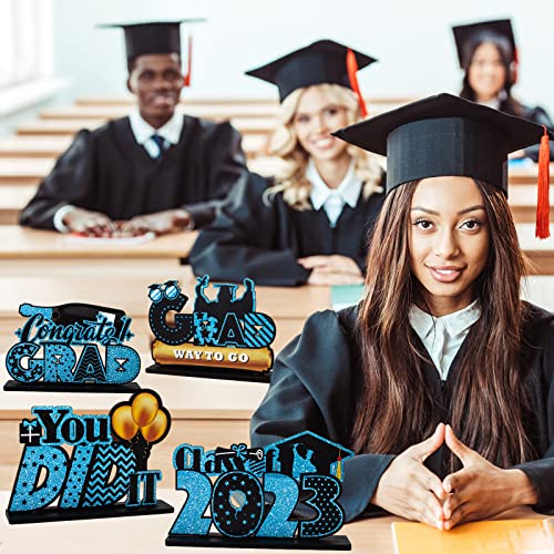 4 Pieces 2023 Graduation Party Table Decorations，Wood Class Of 2023 Grad Congratulate Centerpieces, Table Toppers For High School & College Graduation, Favor Supplies,Blue Grad Table Decor #TOP2