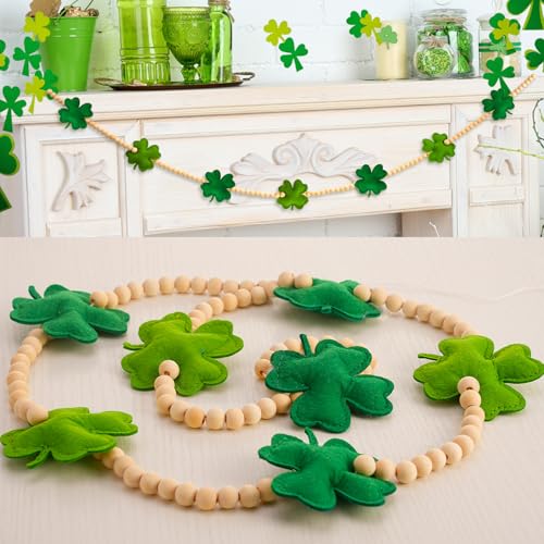 Image of St Patricks Day Garland, 3D Felt St Patricks Shamrock Banner with Wooden Beads for St Patricks Day Decor Irish Hanging Bunting Garland for St. Patrick's Day Home Mantel Wall Decor
