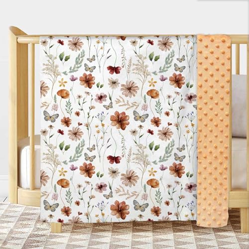 Image of Wildflower Baby Blanket for Girls, Boho Flower Toddler Soft Minky Blanket with Double Layer Dotted Backing, Nursery Newborn Baby Receiving Blanket Butterfly Flower Garden, 30 inchx40 inch