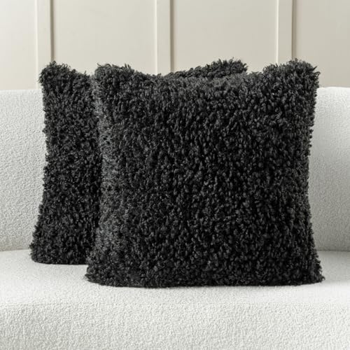 FUTEI Black Decorative Throw Pillow Covers 26x26 Inch Set of 2,Soft Fluffy Faux Wool Fur Boucle Textured Euro Pilllow Sham,Modern Home Decor for Couch Bed Living Room Office