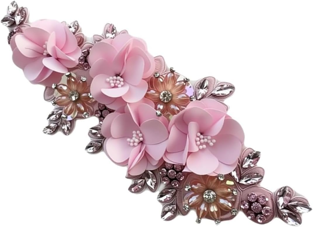 Handmade 3D Flower Applique, Rhinestone Patches for Clothes, Beaded Embroidery Lace Floral Embellishment for Wedding Dress, Hat Hairband DIY Sewing Accessory (Pink)