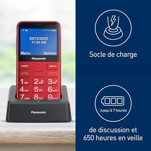 Panasonic KX-TU155EXRN 2G Téléphone Mobile pour Personnes Âgées, Appel Prioritaire, Téléphone à Grosses Touches, Compatible avec les Appareils Auditifs, Bluetooth, Radio FM, Appareil Photo, Rouge