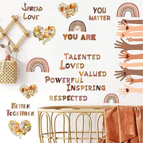 Kazova Classroom Diversity Wall Decals Inspirational Quotes for Kids with Handprint Design Inclusive Multicultural Decor for Preschool Daycare Kindergarten Playroom Bulletin Board PVC Stickers