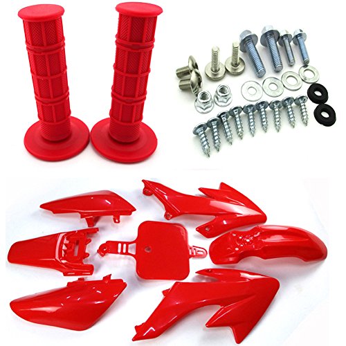Tc-Motor Red Body Work Fender Plastic Fairing Kit + Plastic Fairing Tank Mount Screw Panel Bolts Kits + Throttle Handle Grips For Honda Crf50 Xr50 Pit Dirt Bike #TOP1