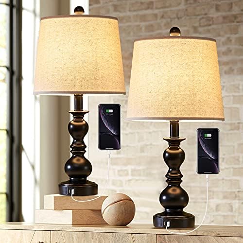 LOKHOM Farmhouse Table Lamps Set of 2, Rustic Table Lamps with 2 USB Ports, Resin Bedside Nightstand Lamps with Beige Drum Shade, 22” Farmhouse Lamps for Bedroom Living Room Home Office
