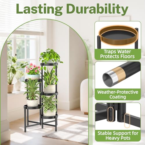 Image of iDavosic.ly Plant Stand Indoor Outdoor, 5 Tier Corner Metal Flower Display Holder Shelf, Folding Tall Orchid Rack for Patio Balcony Porch Garden Living Room House, Black