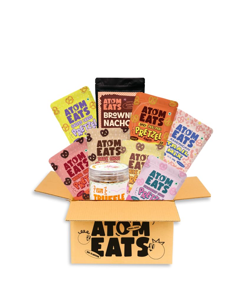 Atom Eats The Snack Thief Box (Pack of 8) | Gift Hamper of Gourmet Snacks | Salted and chocolatey Pretzels | Perfect Rakhi Gift for Snack Lovers | 380g