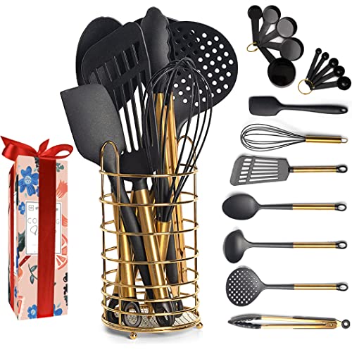 Gold And Navy Blue Kitchen Utensils Set 17PC Set Includes Gold Utensil Holder, Blue Gold