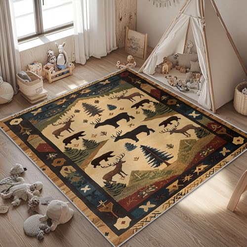 Farmhouse Cabin Area Rug Rustic Deer Bear Washable 4x6 Rugs