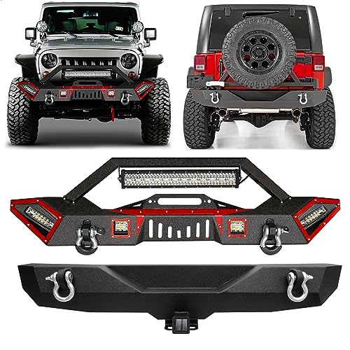 UTVJATV Steel Front and Rear Bumper For 2007 2008 2009 2010 2011 2012 2013 2014 2015 2016 2017 2018 Jeep Wrangler JK With Winch Plate & LED Lights & D-Ring Off Road Texture Black