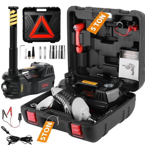Image of Electric Car Jack Kit 5 Ton 12V Floor Jack with Impact Wrench and Tire Inflator Pump Portable Hydraulic Car Jack for SUV Sedans Tire Change with LED Light, Lifting Height 6 to 17.7 Inch (Black)