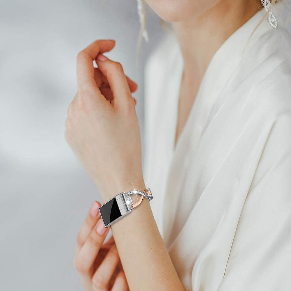 Wearlizer Compatible with Fitbit Charge 3 / Charge 4 Bands for Women Metal Replacement Charge 3 hr Band Strap with Bling Rhinestone Bangle for Fitbit Charge 4 Special Edition - Rose Gold Silver