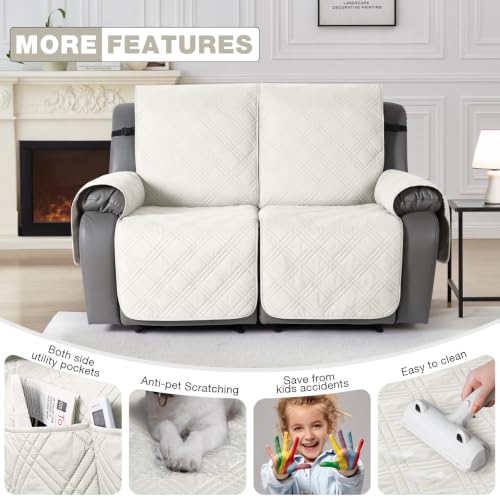 Image of TAOCOCO Waterproof Loveseat Recliner Covers Non Slip for Reclining 2 Seater | 100% Waterproof & Washable Split Couch Cover for Dogs & Pets, 2-Piece Recliner Chair Covers with Straps & Pockets, Ivory
