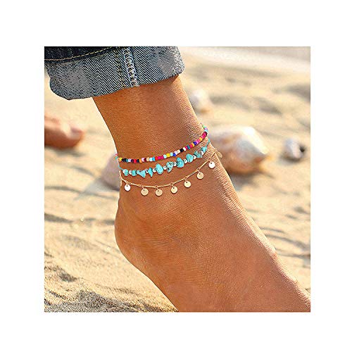 YAHPERN Anklets for Women Girls Color Beads Turquoise Drop Sequin Charm Adjustable Ankle