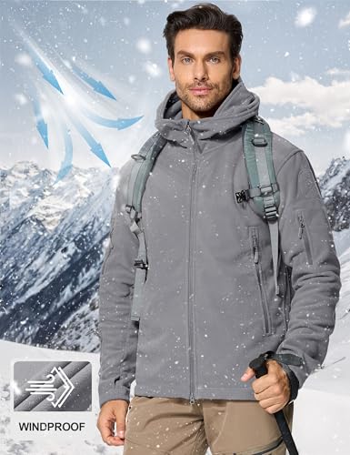 CRYSULLY Men's Winter Outdoor Stylish Classic Climbing Windproof Tactical Fleece Jackets Hooded Coat Light Gray