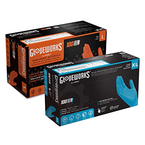 GLOVEWORKS HD Orange Nitrile Disposable Gloves, 8 Mil, Large and GLOVEWORKS Blue Synthetic Vinyl Industrial Gloves, 3 Mil, X-Large (2-Pack Bundle)