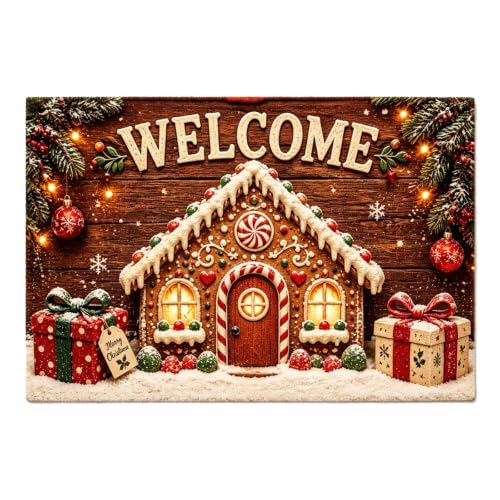 BAHJISOUK Felpudo de Navidad 40 x 60 cm, felpudo navideño con diseño de casa de jengibre, decoración navideña para entrada y pasillo, alfombra de Navidad, para puerta de casa, salón