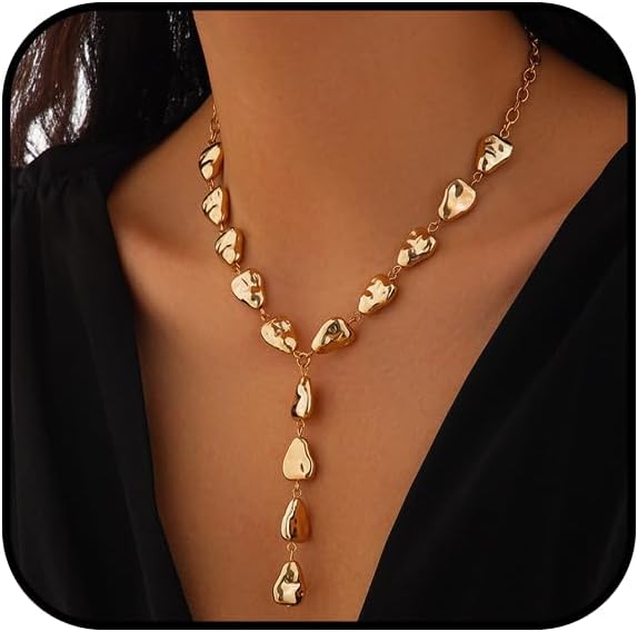 Gold Statement Lariat Necklace for Women Long Chunky Silver Y Shaped Necklace Big Baroque Shaped Drop Necklace Trendy Statement Jewelry Gift