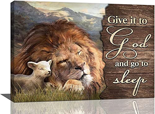 Bedroom Wall Decor Lion Of Judah And Lamb Pictures Christian Gift Religious Canvas Wall Art Give It To God And Go To Sleep Sign Painting Prints Artwork For Bathroom (24×36Inch- Framed) #TOP3
