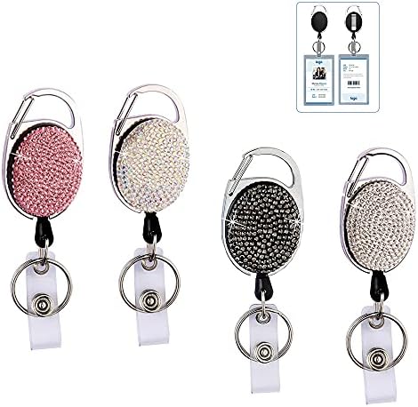 INTOR 4pcs Crystal Retractable Badge Holders with Bling Rhinestones, Id Card Holders for Badges Women, Heavy Duty Lanyard Carabiner Reel Belt Clip Keychain (Pink/Black/Silver/AB Color)