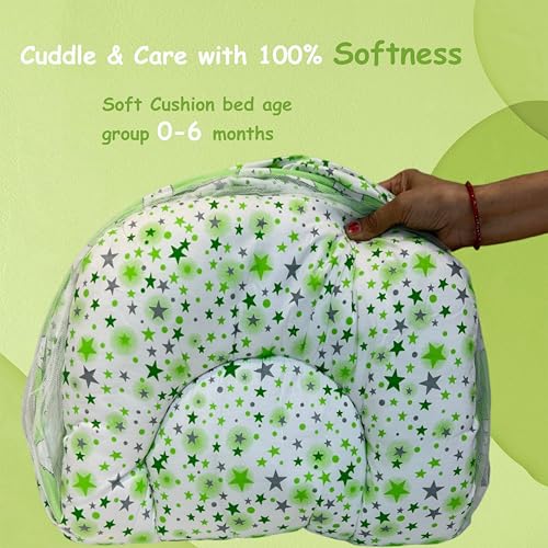 Image of Fareto Combo of Baby Bed with Net | Carry Bag | 4 Pcs Bedding Set (0-6 Months, Baby Size, Cotton) (Green Sheep)