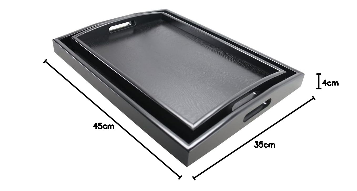 DILLMAN Bandeja de Servicio Grande de Madera rectángulo Negro, Bandeja de mayordomo, Bandeja pequeña con Asas (Grande + pequeña)