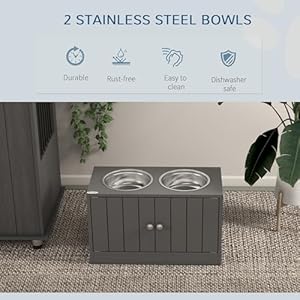 PawHut Large Elevated Dog Bowls with Storage Cabinet Containing Large 44L Capacity, Raised Dog Bowl Stand Pet Food Bowl Dog Feeding Station, Gray