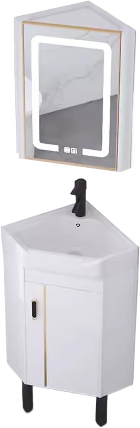 Corner Bathroom Mirror Cabinet with Integrated LED Lighting, Smart Glaze Finish, Space-Saving Design with Sink & Doors, Stylish Three-Leg Support for Small Bathrooms