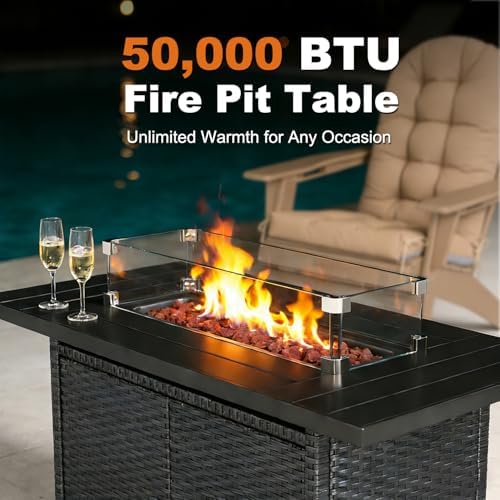 SOINMTY 43 Inch Propane Fire Pit Table, 50,000 BTU Rattan Gas Fire Pit Table with with Glass Wind Guard, Waterproof Cover, Lava Rock .CSA Certification for Garden/Patio/Porch/Backyard. — view 6