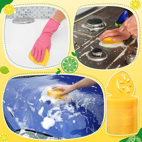 Image of Honeydak 12 Pack Lemon Shaped Scrub Sponges Dual-Sided Lemon Kitchen Sponges Bulk Non Scratch Natural Cleaning Pads for Household Kitchen Furniture Bathroom Cars