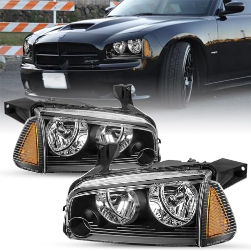 SOCKIR 4Pcs Headlight Assembly Compatible with 2006-2010 Dodge Charger Headlight with Corner Singal Light Replacement OE Halogen Headlamp Passenger and Driver Side