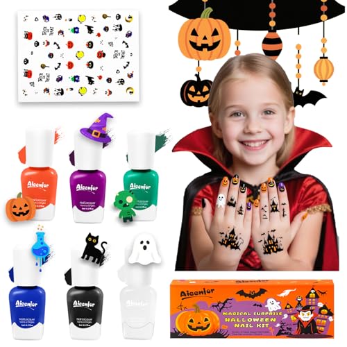 Aieenjor Esmalte de uñas infantil de Halloween de 6 colores con 70 pegatinas con motivos de espeluznantes (telaraña, calabaza, cráneo, murciélago) para niños y niñas, esmalte de uñas para fiesta de