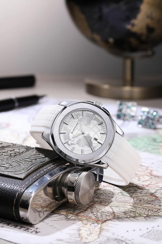 Image of Giordano Stylish World Map Design Analog Watch for Men with Silver Case Round Dial, Textured Silicone Strap, Water Resistant and Date Display Function - GZ-50147