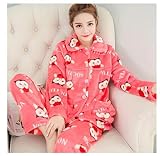 LUOY Damen Pyjama Set,Damen Warm Cosy Nachtwäsche Set Buttons Rote Eule Print Flanell Langarm Nachtwäsche Weiche Nachthemden Für Freizeitkleidung, XXL