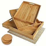 Set of 3 Large Bamboo Serving Trays – Large Serving Tray with Handles – Coffee Table Tray – Food Tray – Bed Tray