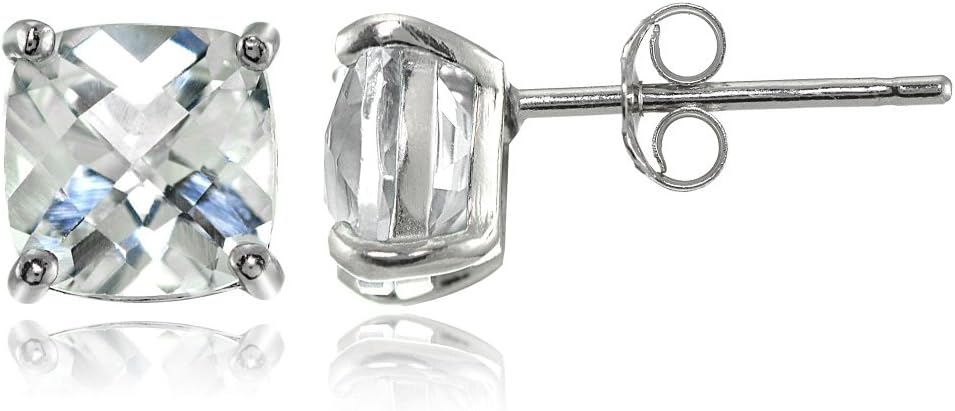 Sterling Silver 7mm Cushion-Cut Gemstones Stud Earrings, Choice of Colors