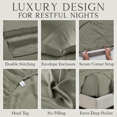 Image of KARISSA MAE Bamboo Viscose 34 inch Split Top King Size Sheet Set, FSC Certified | Single 34 inch Split Fitted Sheet | Sleep Number & Adjustable Bed | Cooling | 18 inch Deep Pocket w / Corner Straps [Cypress Green]