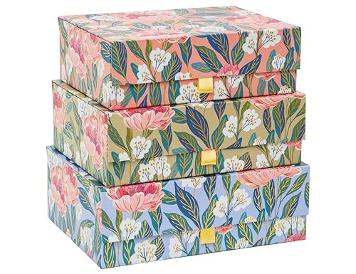 MIZFRUZZY 3-Piece Decorative Storage Boxes with Lids, Floral Gold Foil,