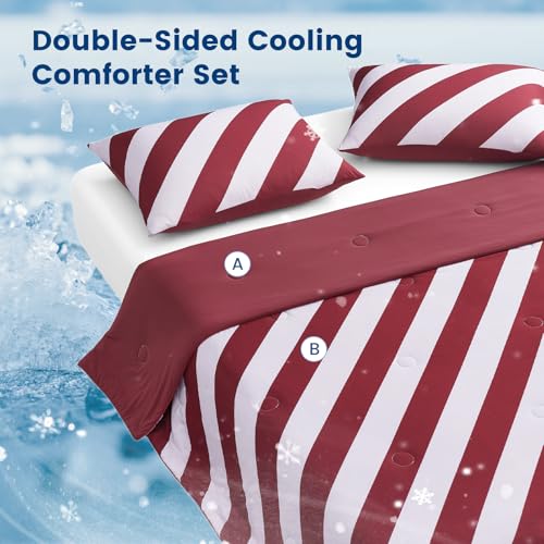 Snuggle Sac Mediterranean Stripe Cooling Comforter Twin Size Set, Q-Max ＞0.45 Cooling Blanket for Hot Sleepers & Night Sweats, Double-Sided Lightweight Breathable Summer Quilt, 68x90 Wine — view 2