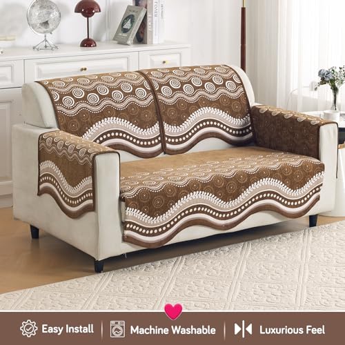 Image of HOKIPO Complete (Seat+Back+Arm) Sofa Mat Set for 2 Seater Sofa |Premium Chenille Sofa Covers with Curve Edges, 'Serene Curves Series' - Flowy Swirl (IN-995+1002+1001 * 2 - D1)